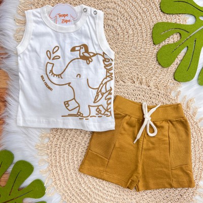 Conj. Regata Wild Friends Elefante e Bermuda em Moletinho - Off White e Caramelo